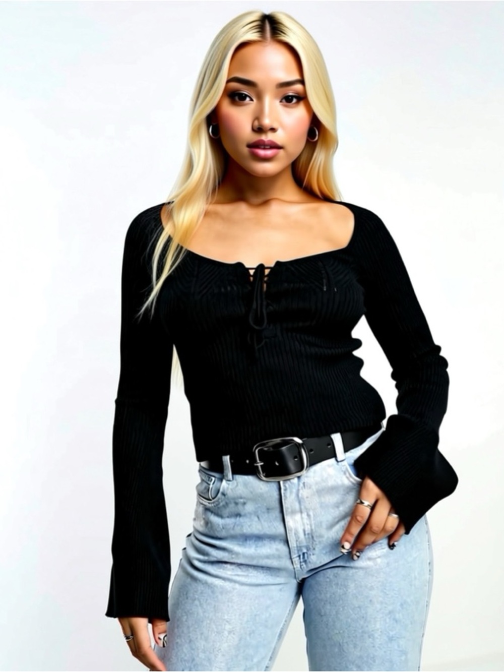 Miss Selfridge Ribbed Lace Up Detail Top with Flare Statement Sleeves Whimsigoth